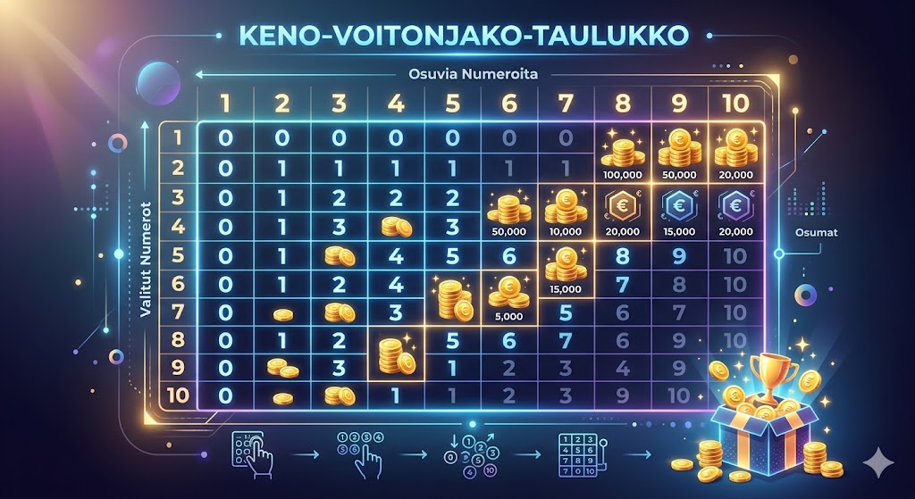Keno voitonjako -Opas kertoimiin, tasoihin ja voittojen maksimointiin