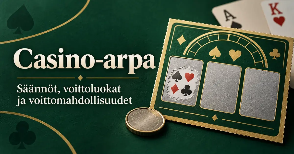 Kenonumerot Vihreäsävyinen kuvitus raaputusarvasta, pelikorteista ja kolikosta sekä teksti Casino-arpa: säännöt, voittoluokat ja voittomahdollisuudet.