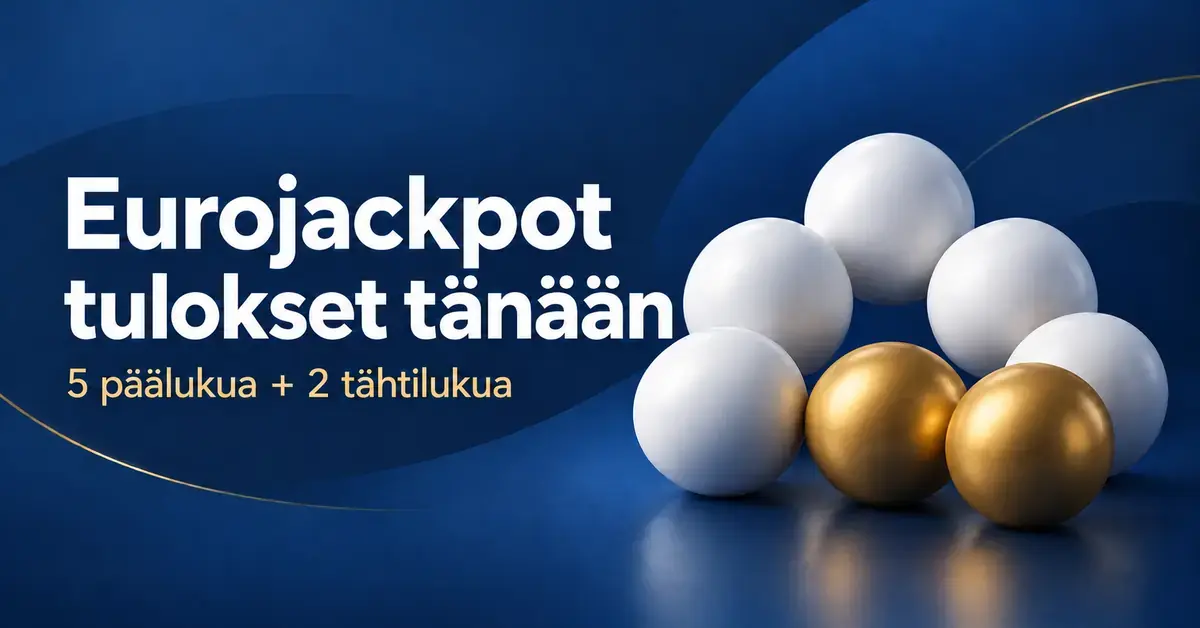 Eurojackpot tulokset tänään -otsikko sekä viisi valkoista ja kaksi kultaista lottopalloa tummansinisellä taustalla.