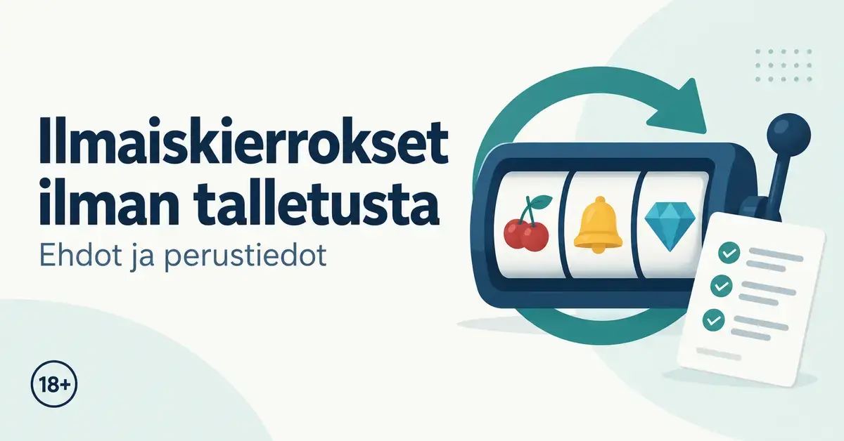 Ilmaiskierroksia ilman talletusta käsittelevä kuvitus, jossa näkyvät kolikkopelin rullat, pyörähdysnuoli, ehtojen tarkistuslista ja 18 vuoden ikärajamerkintä.