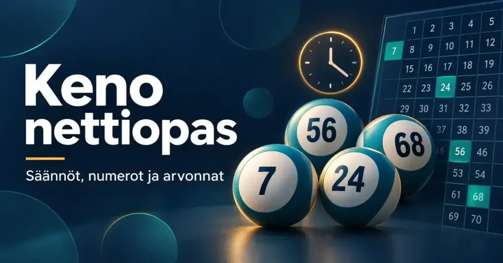 Keno-oppaan kuvituksessa on numeropalloja, numeroruudukko ja kello sekä teksti ”Keno nettiopas – Säännöt, numerot ja arvonnat”.