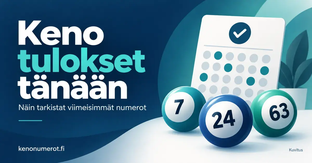 Keno tulokset tänään -otsikko sekä kuvituksena kolme numeropalloa ja tulosten tarkistamista havainnollistava kortti sinivihreällä taustalla.