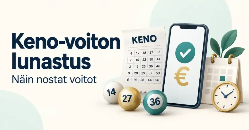 Keno-voiton lunastusta havainnollistava kuva, jossa on pelitosite, numeropalloja, maksun vahvistusta näyttävä puhelin sekä kalenteri ja kello.