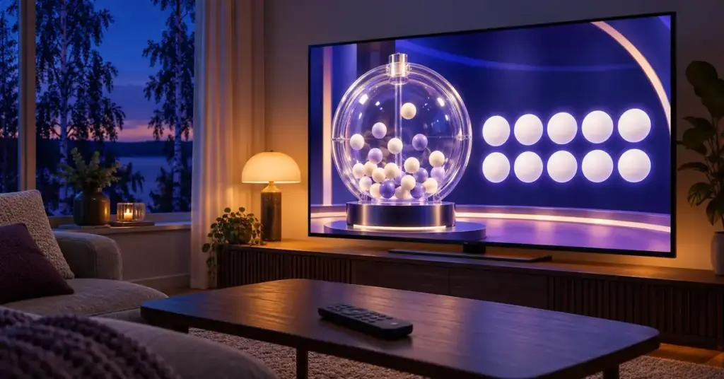 Television ruudulla näkyy kenon ilta-arvontaa havainnollistava arvontakone ja palloja hämärässä olohuoneessa.