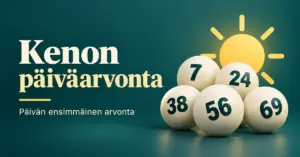 Kenonumerot Kenon päiväarvontaa esittävä grafiikka, jossa on numeroituja kenopalloja, keltainen aurinko ja teksti ”Kenon päiväarvonta – Päivän ensimmäinen arvonta”.