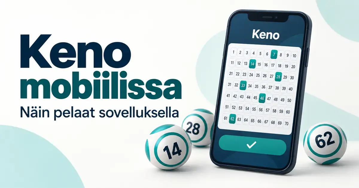 Kenonumerot Kenoa havainnollistava numeroruudukko älypuhelimen näytöllä, kolme numeropalloa ja teksti ”Keno mobiilissa – Näin pelaat sovelluksella”.