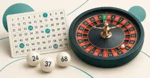 Kenonumerot Kenon numeroruudukko ja kolme numeropalloa ruletin kiekon vieressä vaalealla taustalla.
