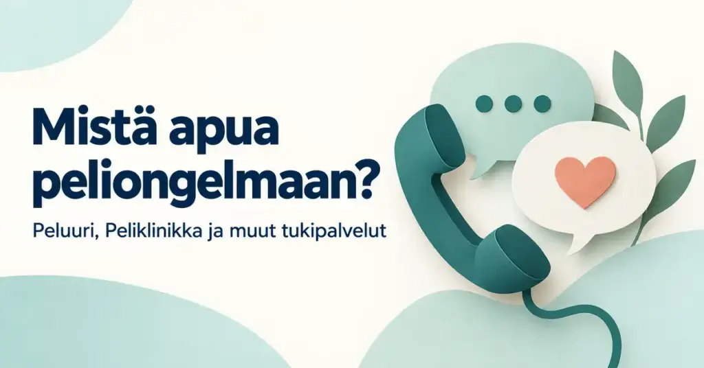 Puhelinluuri sekä puhekuplat ja sydän kuvastavat peliongelmaan saatavaa tukea otsikon ”Mistä apua peliongelmaan?” vieressä.