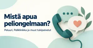 Puhelinluuri sekä puhekuplat ja sydän kuvastavat peliongelmaan saatavaa tukea otsikon ”Mistä apua peliongelmaan?” vieressä.