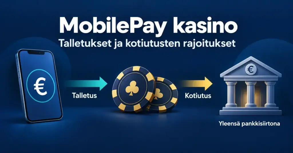Kaavio havainnollistaa MobilePay-talletusta nettikasinolle ja voittojen kotiutusta yleensä pankkisiirtona puhelimen, pelimerkkien ja pankin kuvakkeilla.