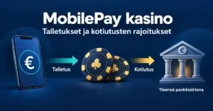 Kaavio havainnollistaa MobilePay-talletusta nettikasinolle ja voittojen kotiutusta yleensä pankkisiirtona puhelimen, pelimerkkien ja pankin kuvakkeilla.