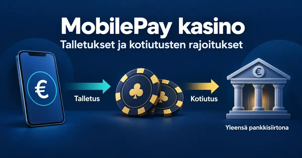 Kaavio havainnollistaa MobilePay-talletusta nettikasinolle ja voittojen kotiutusta yleensä pankkisiirtona puhelimen, pelimerkkien ja pankin kuvakkeilla.