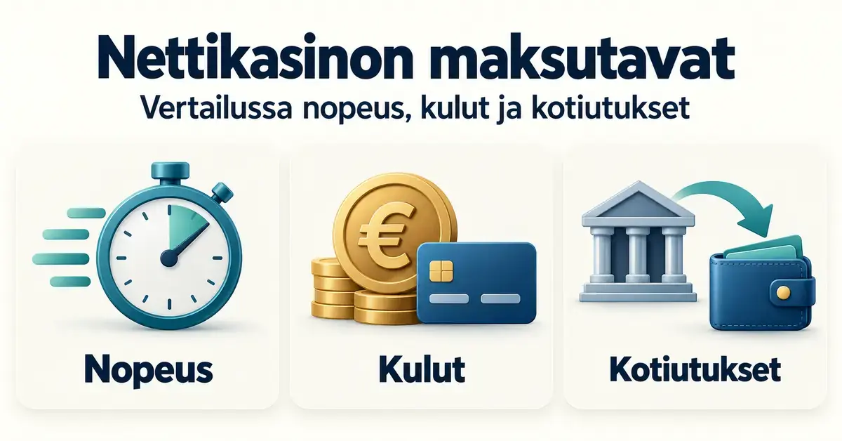 Kenonumerot Nettikasinon maksutapojen nopeutta, kuluja ja kotiutuksia havainnollistavat sekuntikello, eurokolikot, maksukortti sekä pankin ja lompakon välinen siirtonuoli.