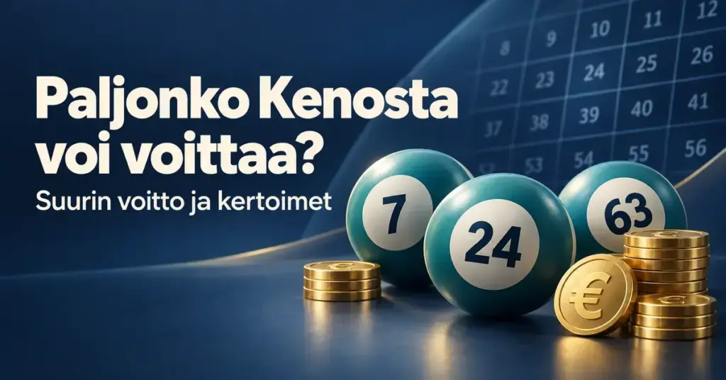 Kenon voittoja ja kertoimia käsittelevä artikkelikuva, jossa on numeroidut Keno-pallot, eurokolikoita ja teksti ”Paljonko Kenosta voi voittaa? Suurin voitto ja kertoimet”.