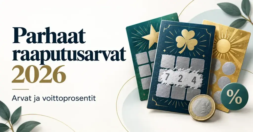 Kolme kuvitettua raaputusarpaa, kolikko ja prosenttimerkki sekä teksti ”Parhaat raaputusarvat 2026 – Arvat ja voittoprosentit”.