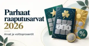 Kolme kuvitettua raaputusarpaa, kolikko ja prosenttimerkki sekä teksti ”Parhaat raaputusarvat 2026 – Arvat ja voittoprosentit”.
