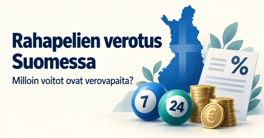 Suomen kartta, lottopallot, eurokolikot ja verotusasiakirja kuvittavat rahapelivoittojen verotusta käsittelevää artikkelia.