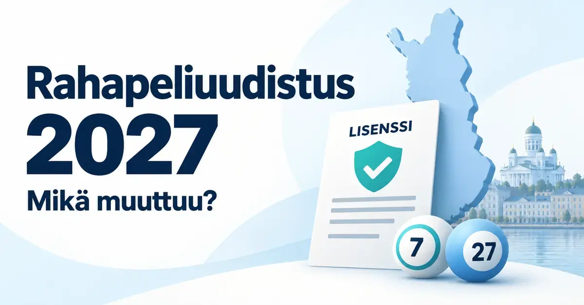 Suomen rahapeliuudistusta 2027 havainnollistava kuva, jossa on Suomen kartta, lisenssiasiakirja, kaksi kenopalloa ja teksti ”Mikä muuttuu?”.