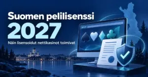Suomen pelilisenssiä vuonna 2027 käsittelevä kuvitus, jossa näkyvät Suomen kartta, pelikorttien maat tietokoneen näytöllä, lisenssiasiakirja ja valintamerkillä varustettu kilpi.