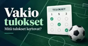 Kenonumerot Vakion tuloksia havainnollistava 1X2-taulukko ja jalkapallo vihreällä kenttätaustalla sekä teksti ”Vakio tulokset – Mitä tulokset kertovat?”.