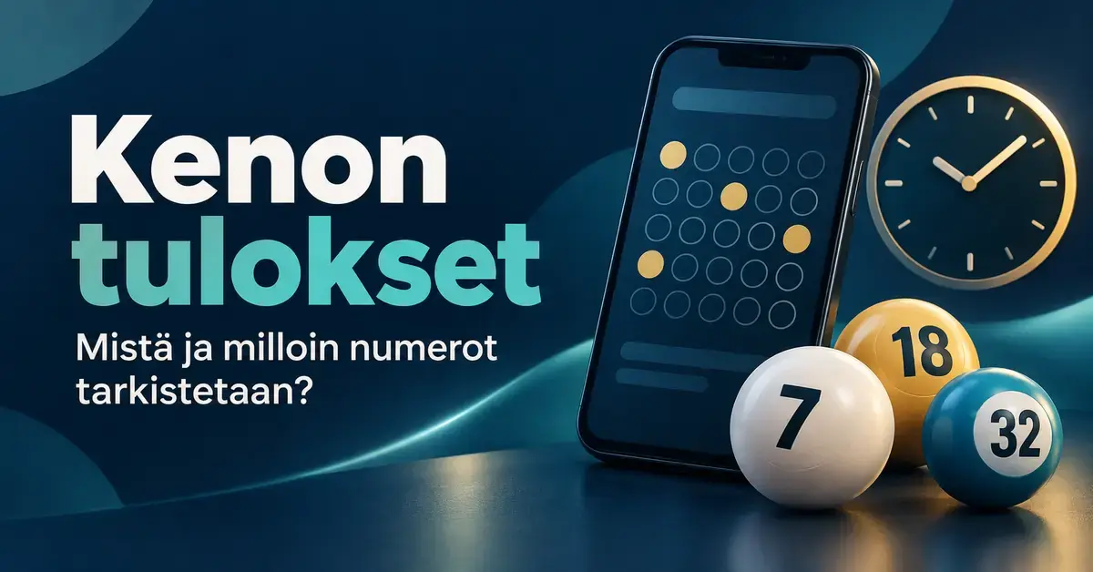 Kenon tulosten tarkistamista havainnollistava kuva, jossa on älypuhelimen numeroruudukko, kenopalloja ja kello.