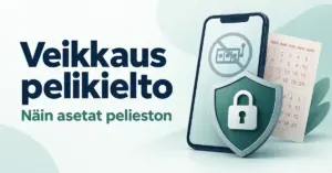 Veikkaus pelikieltoa käsittelevä kuvitus, jossa älypuhelin, lukkosymbolilla varustettu suojakilpi ja pelikuponki havainnollistavat peliestoa.