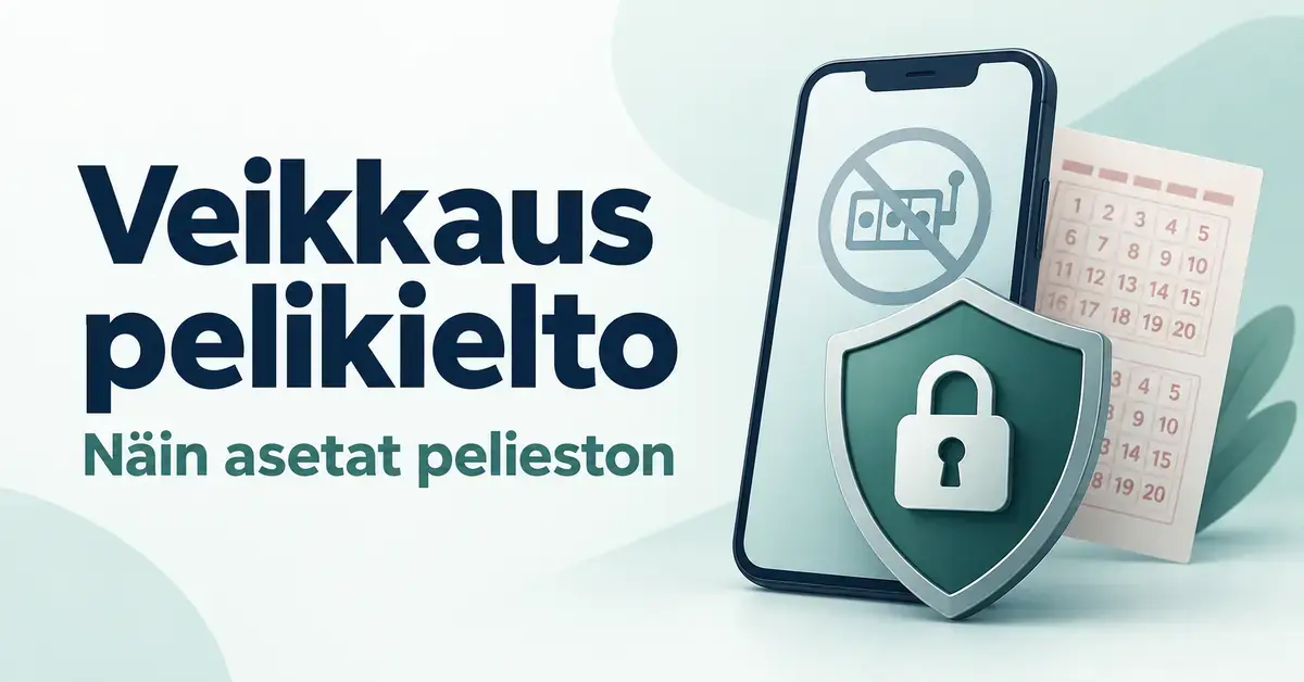 Veikkaus pelikieltoa käsittelevä kuvitus, jossa älypuhelin, lukkosymbolilla varustettu suojakilpi ja pelikuponki havainnollistavat peliestoa.