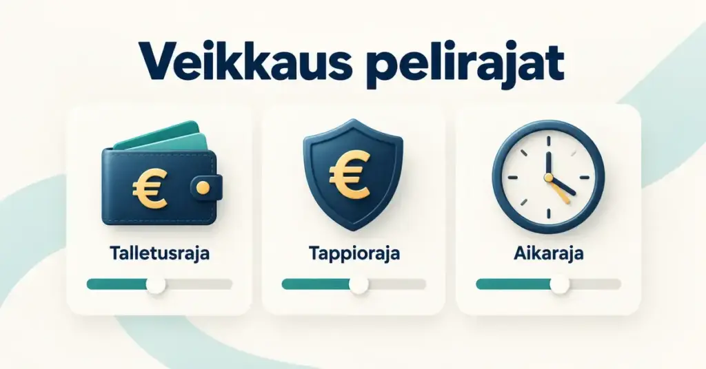 Veikkauksen talletus-, tappio- ja aikarajoja havainnollistava kuva, jossa lompakko, kilpi ja kello sekä liukusäätimet kuvaavat pelirajojen asettamista.